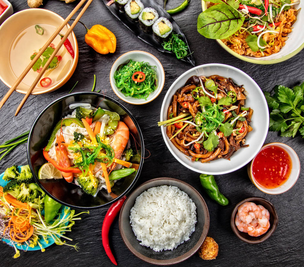 Asian food variation with many kinds of meals. Top view - Zdjęcie, obraz
