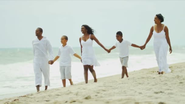 szczęśliwy różnych rodziców z małymi dziećmi zabawy na plaży - Materiał filmowy, wideo