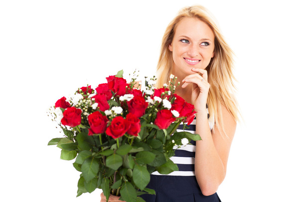 Attractive young woman received bunch of roses from secret admirer - Φωτογραφία, εικόνα