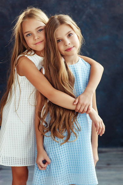 Two stylish girls posing in studio - Фото, изображение