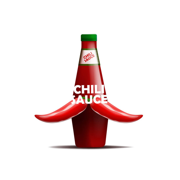 Realictic vector illustration of bottle of chili sauce with a mustache of chili peppers. Isolated on white background. - Vektör, Görsel