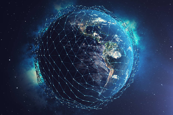 3D-leképezés hálózat és az adatok cseréje az űrben a föld felett. Kapcsolat vonalak körül a Föld gömb. Globális nemzetközi kapcsolatok. Ez a kép a Nasa berendezett elemei. - Fotó, kép