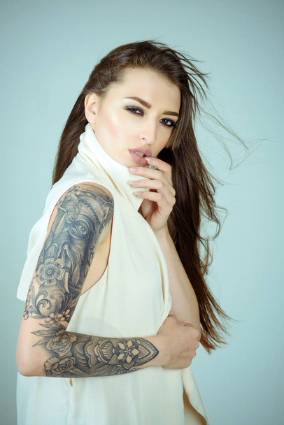 Beauty woman with tattoo painting, art, design - Фото, изображение