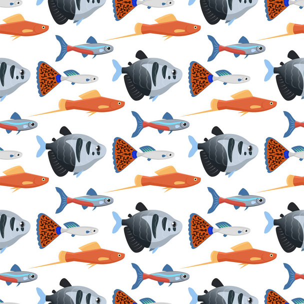 Exotic tropical aquarium fish seamless pattern background colors underwater ocean species aquatic nature flat vector illustration - ベクター画像