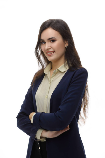 Beautiful young business woman isolated white background. - Фото, зображення