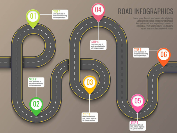 Infographics template with road map using pointers. Top view vector elements. Road trip. Business and journey infographic design template with flags. Winding road on a brown background - Vektor, obrázek