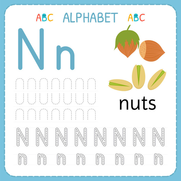 Planilha de rastreamento de alfabeto para pré-escola e jardim de infância. Carta de prática de escrita N. Exercícios para crianças
 - Vetor, Imagem