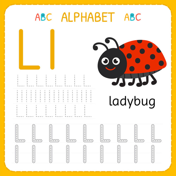 Hoja de trabajo de trazado del alfabeto para preescolar y jardín de infantes. Escribir carta de práctica L. Ejercicios para niños
 - Vector, Imagen