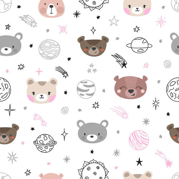 Cute space seamless pattern with cartoon bears. Abstract print. Hand drawn nursery background with funny animals for children - Vector, Image