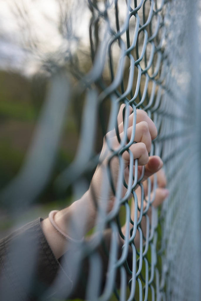 Hands of a refugee woman on a wire fence, a girl imprisoned and deprived of freedom - Fotoğraf, Görsel