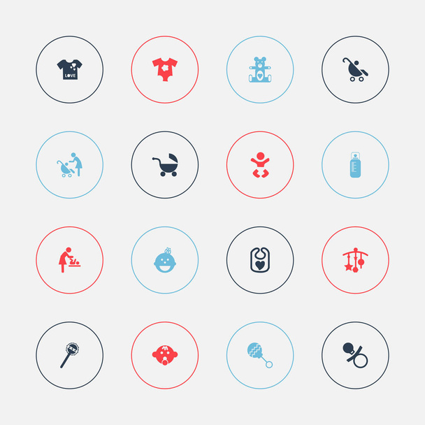 Set di 16 icone per neonati modificabili. Include simboli come pettorina, decorazione, manichino e altro ancora. Può essere utilizzato per la progettazione web, mobile, UI e infografica
. - Vettoriali, immagini
