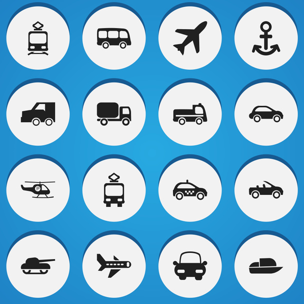 Készlet 16 szerkeszthető közlekedési ikonok. Sík, edző légiutas-kísérő, kosár, és szimbólumokat tartalmaz. Lehet használni a web, mobil, Ui és infographic design. - Fotó, kép
