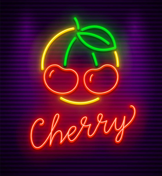 Cherry neon merkki marjoilla ja vihreällä lehdellä
 - Vektori, kuva