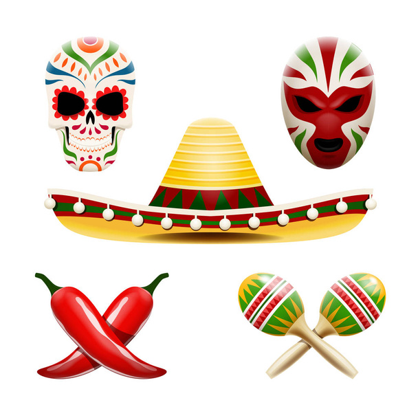 Vector set of mexican symbols such as sombrero, maracas, chili peppers, sugar skull calavera and wrestler mask. - Vektor, kép