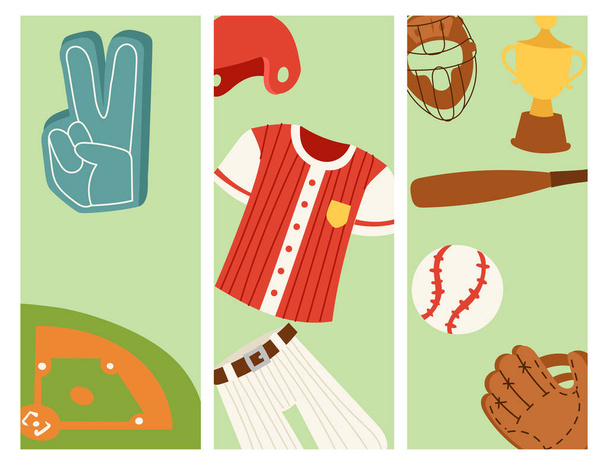 Baseball sport verseny játék csapat banner softball játék rajzfilm ikonok design sport eszközök vektoros illusztráció - Vektor, kép