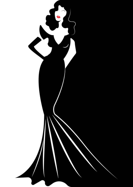 Diva Hollywood silhouet, mooie retro mode vrouw in zwarte partij jurk luxe pret een avondjurk porter, vector geïsoleerd - Vector, afbeelding