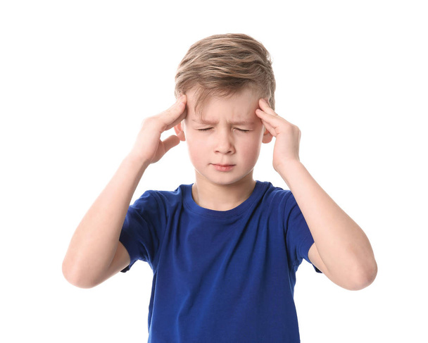 Little boy suffering from headache on white background - Foto, Imagem