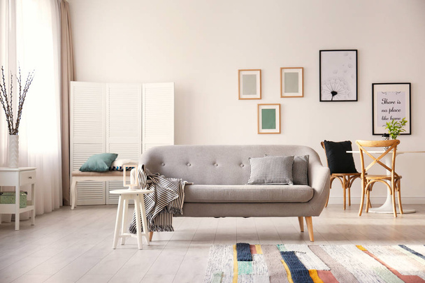 Cozy living room interior with comfortable sofa - Fotoğraf, Görsel