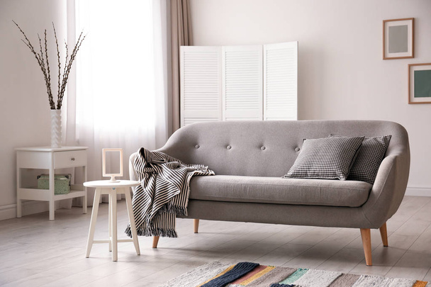 Interior acolhedor da sala de estar com sofá confortável
 - Foto, Imagem