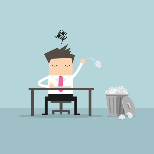 Businessman have no idea and throwing crumpled paper to trash. - Vector, Image
