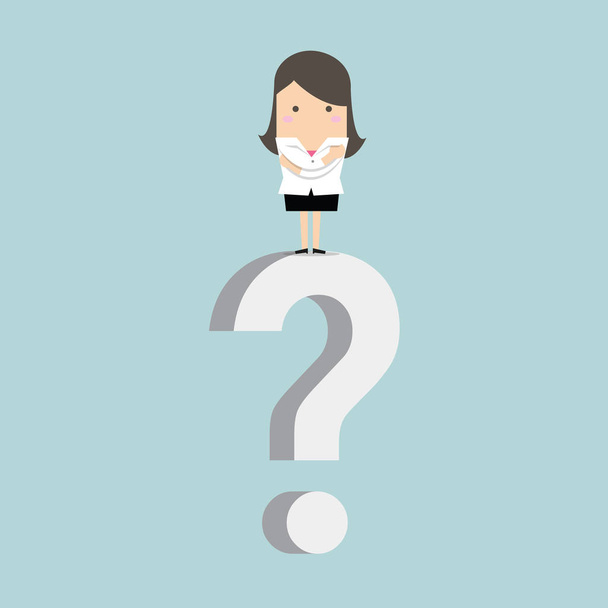 Businesswoman standing on question mark. - Vector, Image