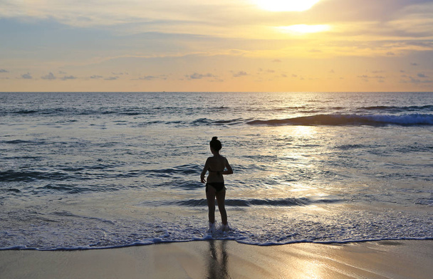 Rear view of beautiful female in bikini at the scenery of beach at sunset. - Φωτογραφία, εικόνα