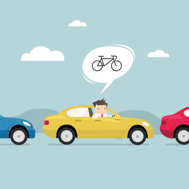 交通渋滞と道路上のビジネスマンが自転車でよりよく動作すると思った. - ベクター画像