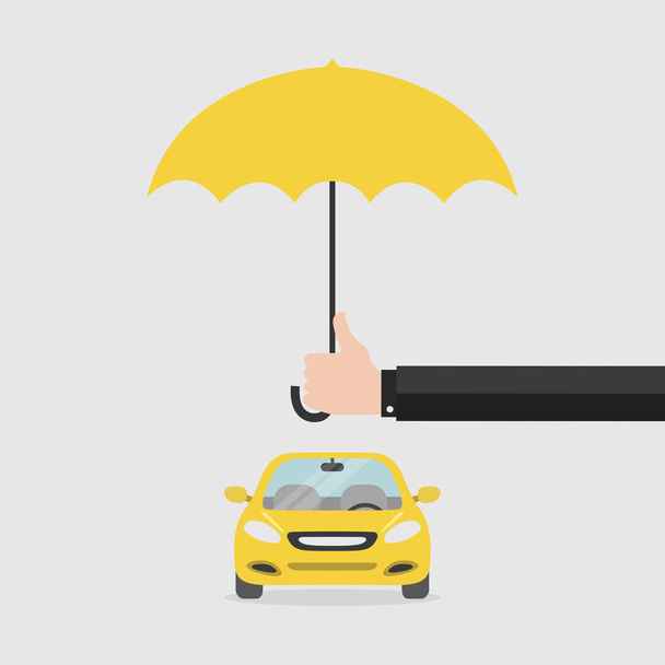Ασφαλιστής χέρι με μια ομπρέλα που προστατεύει το αυτοκίνητο. Ασφάλεια αυτοκινήτου έννοια. Ασφάλιση αυτοκινήτου. - Διάνυσμα, εικόνα