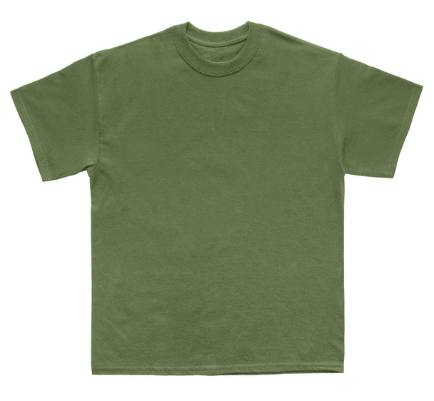 Pusty T Shirt kolor wojskowy zielony szablon na białym tle - Zdjęcie, obraz