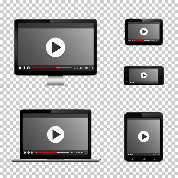 Video player on modern digital devices isolated on transparent background - Vektori, kuva