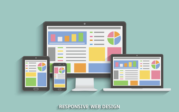 レスポンシブ web デザイン。Web デザイン技術のデバイス。ノート パソコン、デスクトップ コンピューター、タブレット、携帯電話 - ベクター画像