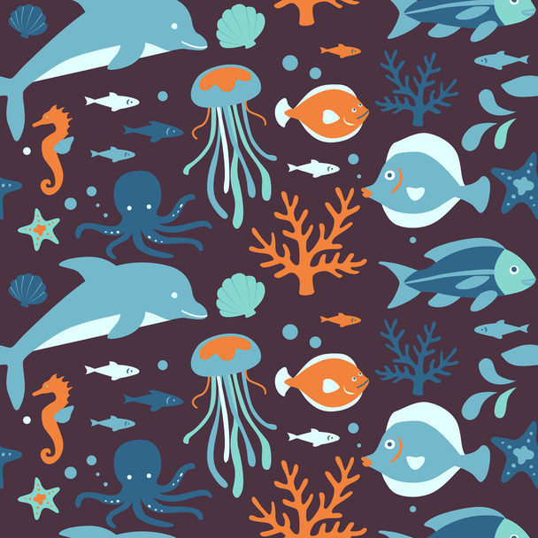 海の生き物のコレクション: シームレス パターン - ベクター画像