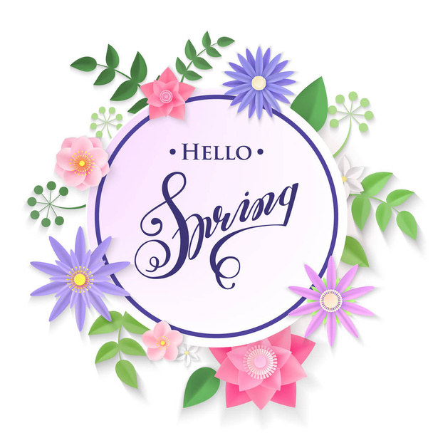Hello spring vector illustration. Realistic paper spring flowers and leaves isolated on white background. Round floral decorative element for design. - ベクター画像
