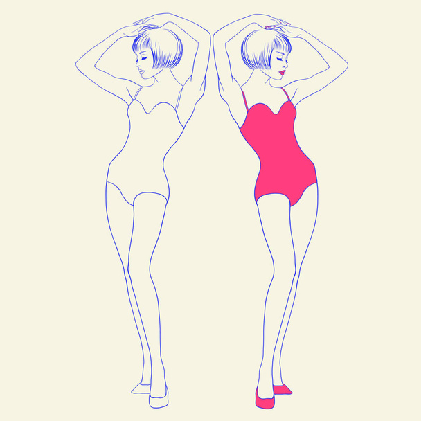 schöner Frauenkörper im Badeanzug mit kurzer Frisur. - Vektor, Bild
