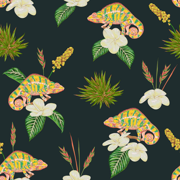 Seamless pattern with tropical flowers, leaves and chameleon. Exotic botanical background. Vector illustration in watercolor style  - Vector, Image