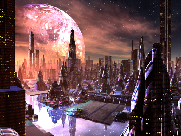 Näkymä futuristiseen kaupunkiin muukalaisplaneetalla
 - Valokuva, kuva