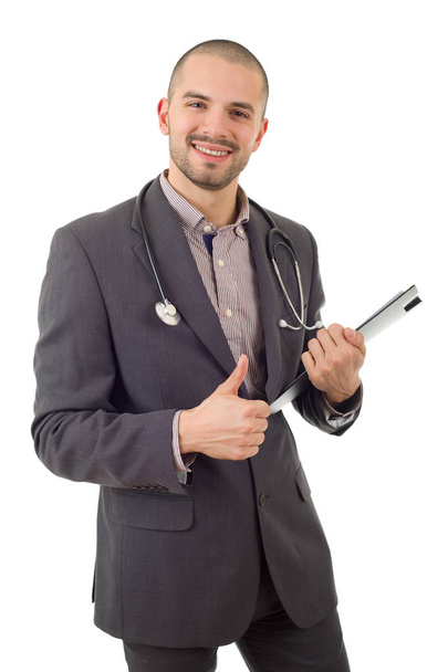 onnellinen mies lääkäri menossa peukalo ylöspäin, eristetty valkoisella taustalla - Valokuva, kuva