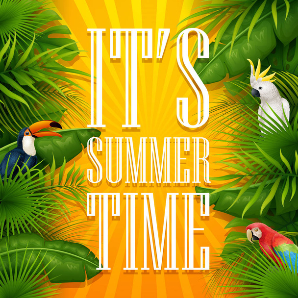 It's summer time typography wooden background with tropical plants, flowers, palm leaves, parrot and cockatoo - Vector, Image
