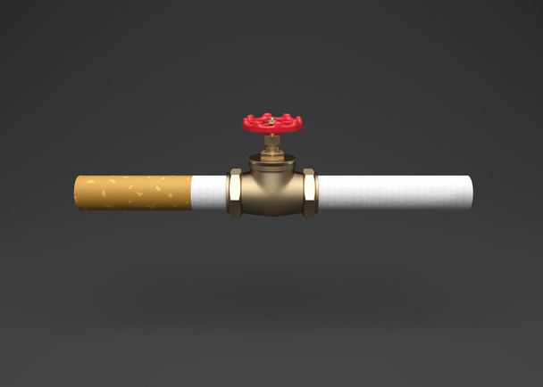 Dünya Hayır tütün günü, Dur Sigara kavramı, su vanası ile sigara. 3D çizim - Fotoğraf, Görsel