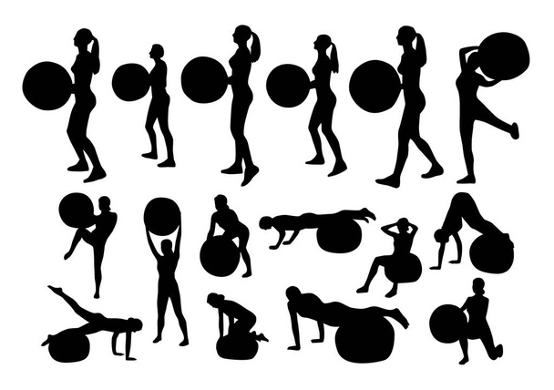 σιλουέτες των ανθρώπων που κάνουν ασκήσεις με το fit μπάλα λευκό φόντο, εικονογράφηση διάνυσμα - Διάνυσμα, εικόνα