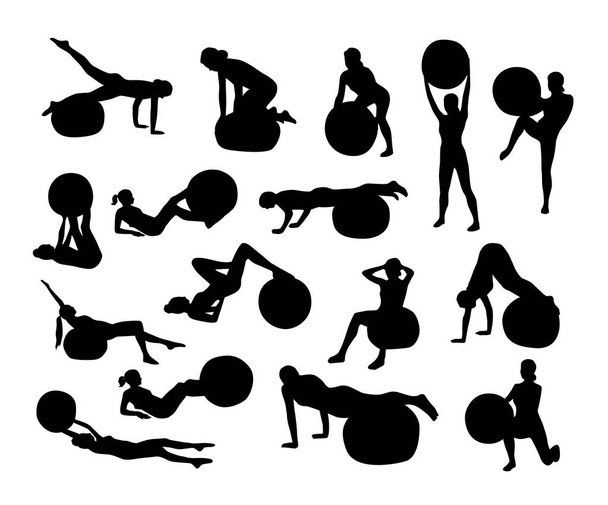 Silhouetten von Menschen, die Übungen mit passendem Ball machen, weißer Hintergrund, Vektorillustration - Vektor, Bild