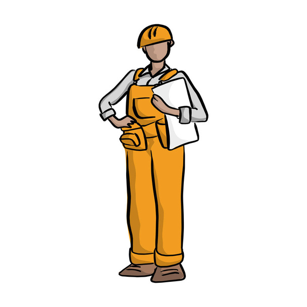 female construction worker holding project drawings vector illustration sketch hand drawn with black lines isolated on white background - Vector, Image