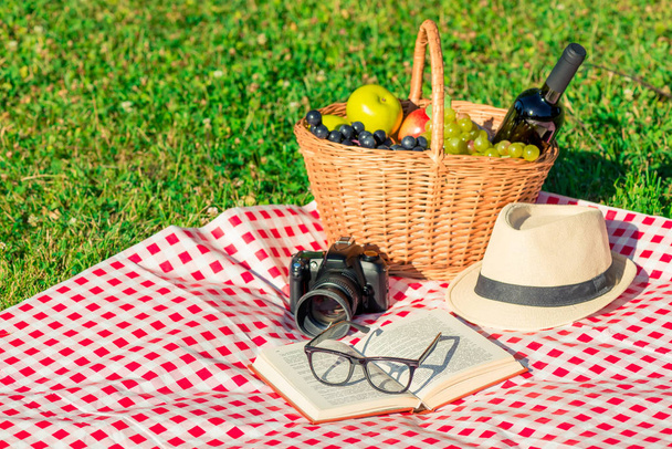 objects on a tablecloth in the park - a picnic for a couple of l - Photo, Image