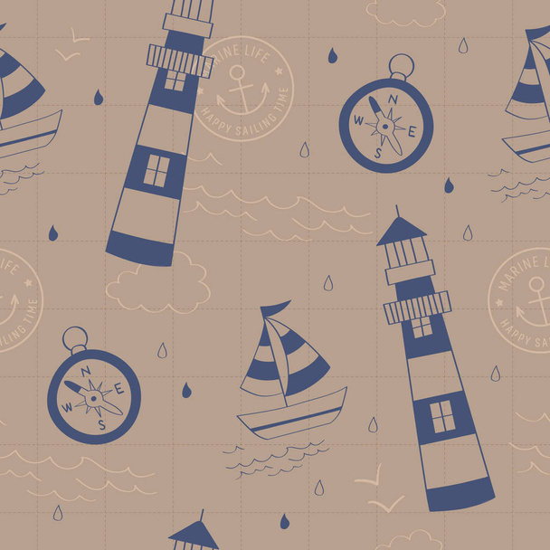 Altpapier mit Schiff, Kompass, Leuchtturm. ein Vintage, modernes und flexibles Muster für Marken, die einen reifen und lustigen Stil haben. Wiederholtes Muster. fröhliche, retro und nautische Stimmung. - Vektor, Bild