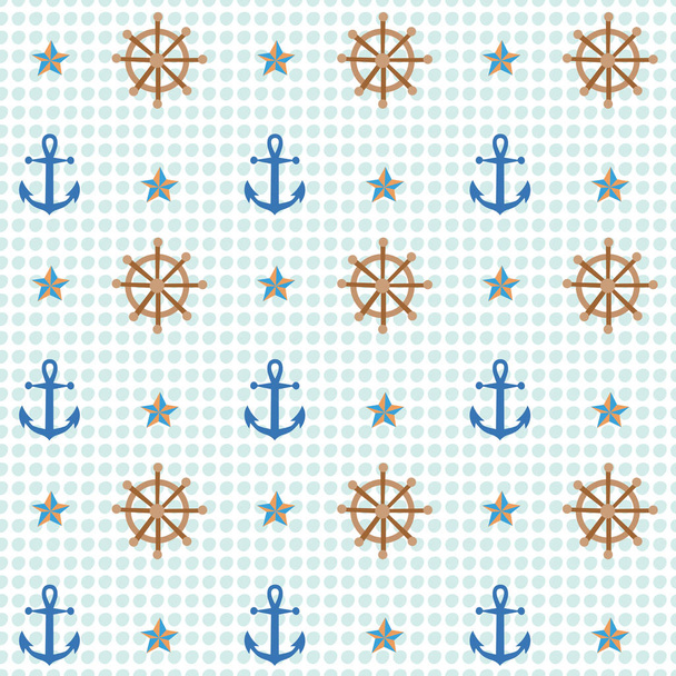 アンカーと shipwheel 航海パターン。かわいい、楽しいスタイルを持っているブランドの遊び心のある、モダン、かつ柔軟なパターン。パターンの繰り返し。幸せな、明るい、そして航海気分. - ベクター画像