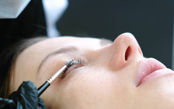Cosmetologist rubs the clients eyelash with brush. Botox and lash lamination. Closeup eyes. - Foto, immagini