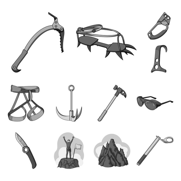 Mountaineering and climbing monochrome icons in set collection for design. Equipment and accessories vector symbol stock web illustration. - Vector, imagen