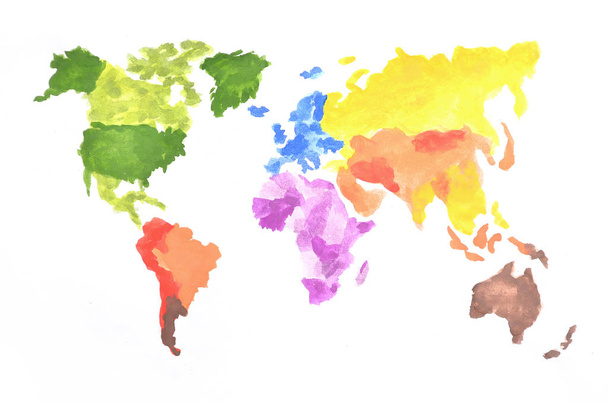 The world map is made with colored watercolor paints on white paper. All the world's continents are depicted in different colors - Photo, Image
