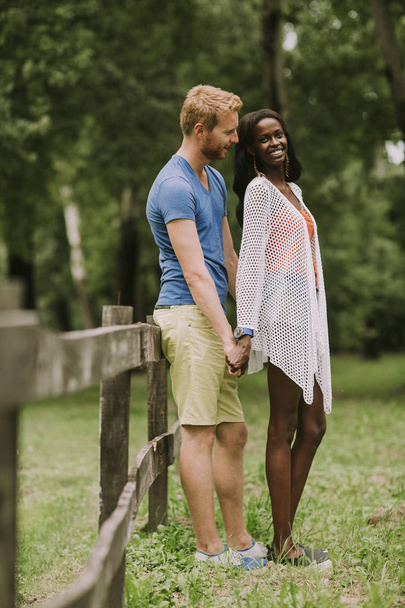 junges multiethnisches Paar am Holzzaun im Park - Foto, Bild