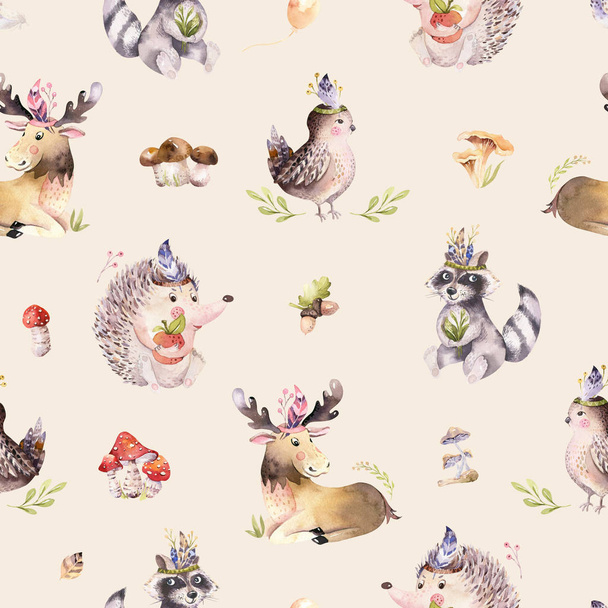 cute cartoon watercolor pattern of forest animals, boho illustration, elks, birds, hedgehogs, racoons and squirrels  - Φωτογραφία, εικόνα